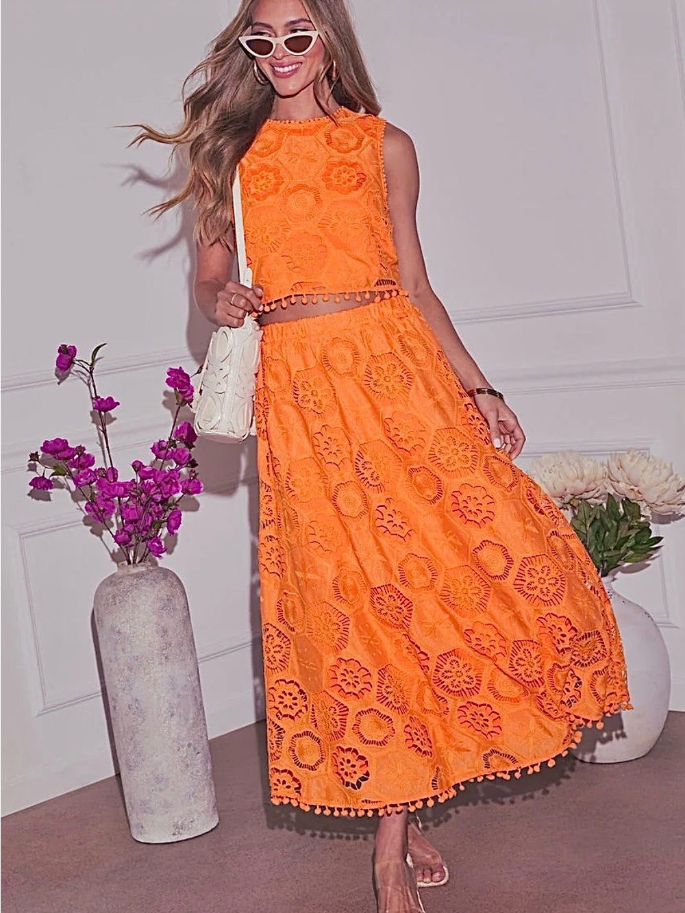 New VICI As You Are two-piece floral embroidered eyelet / pom-pom skirt set